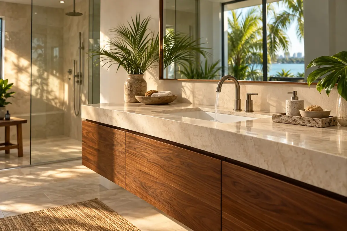 Sunlit bathroom with a walnut vanity, stone countertop and brushed metal faucet