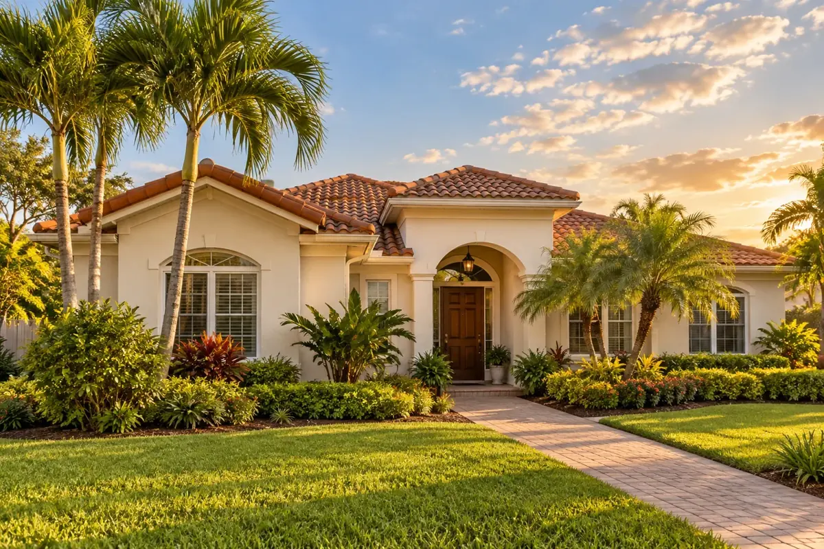 Illustrative South Florida home with tropical palms and a welcoming front garden
