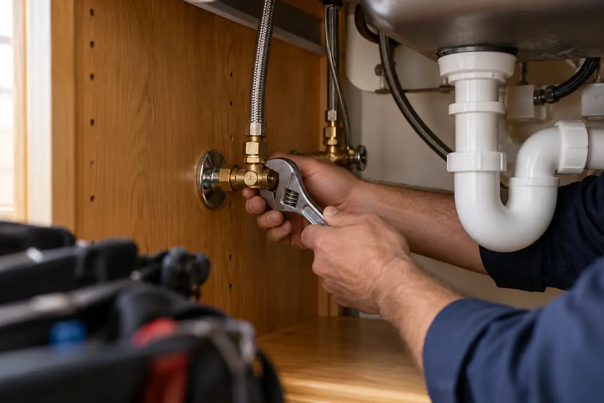Illustrative detail of hands adjusting a plumbing valve beneath a sink